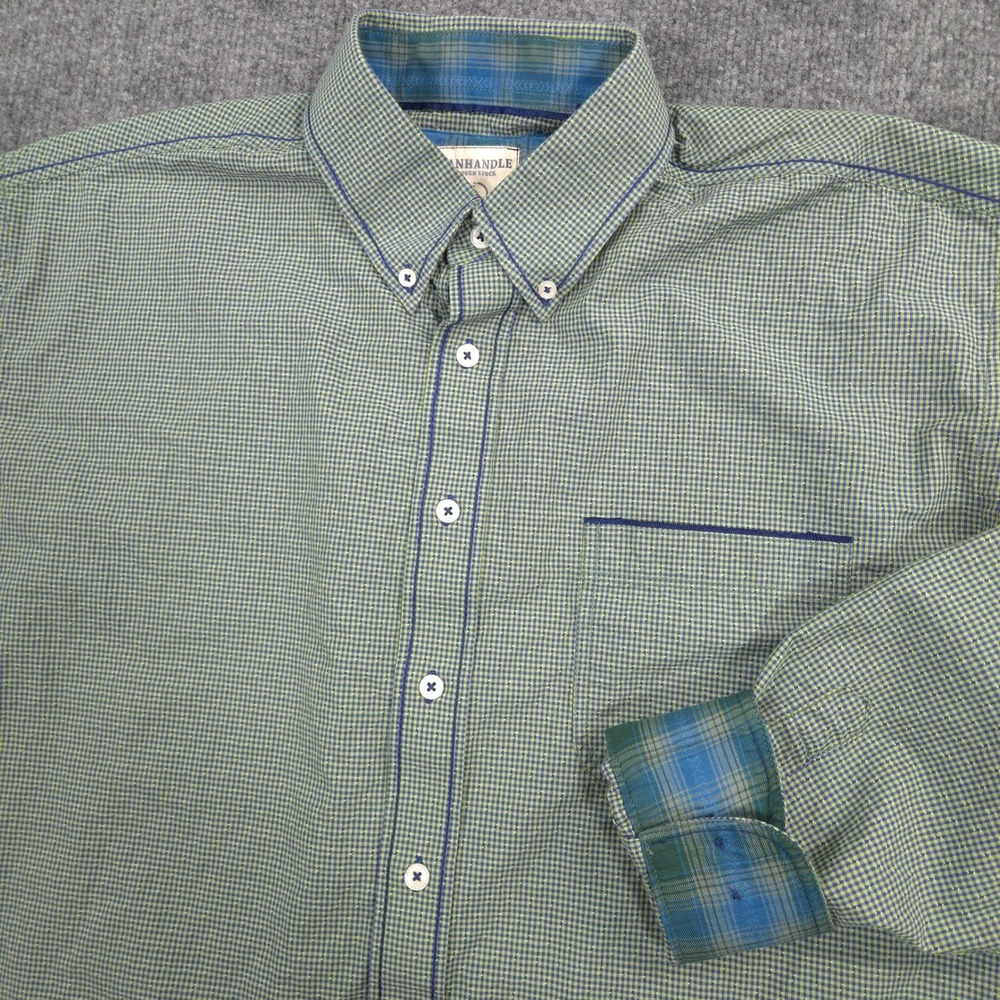 Panhandle Slim Rough Stock Shirt Mens L Green Blue Micro Check Plaid Flip Cuff